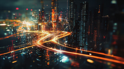 Smart digital Innovation city with connection network reciprocity over the cityscape. of future smart wireless digital city and social media networking systems that connects people with in city