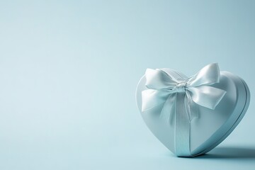 Heart-shaped gift box with delicate bow, set against soft blue b