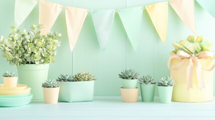 Fototapeta premium Soft pastel decor with potted succulents and bunting creates a cheerful ambiance.