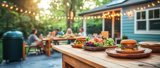 Outdoor dining scene with burgers, salads, and friends enjoying a warm evening atmosphere.