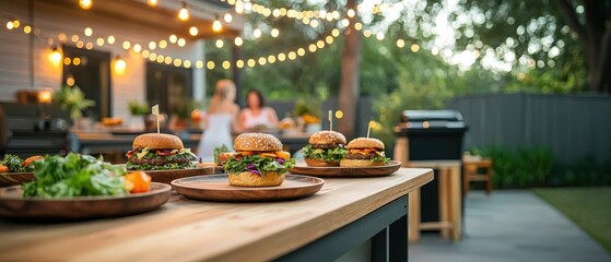 Outdoor barbecue scene featuring burgers and salads with lights strung above a social gathering.