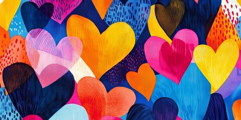 A vibrant fabric fragment features a multi colored abstract print showcasing bright geometric hearts, perfect for use as a background or decorative element in various creative projects.