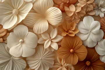 An assortment of intricately crafted paper flowers in shades of beige and ivory, showcasing a variety of textures and patterns, arranged artistically over a neutral background.