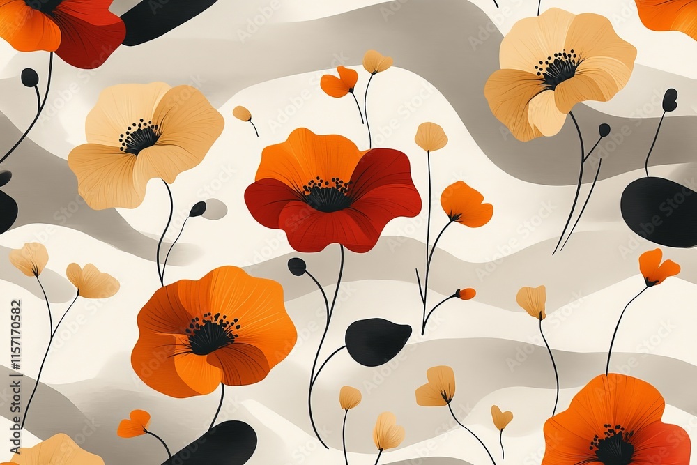 Poster this artistic illustration features an abstract design of poppy flowers against a unique stylized ba
