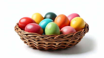 Naklejka premium A delightful basket brimming with vibrant, colorful Easter eggs, a cheerful symbol of spring and new beginnings.