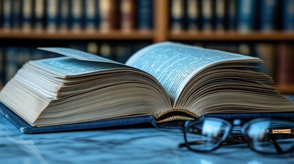 Open book with glasses on marble surface, library background.