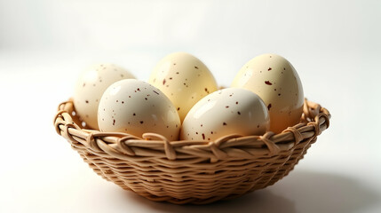 Five speckled eggs rest gently in a woven basket, a simple yet elegant springtime scene.  Soft light enhances their delicate beauty.