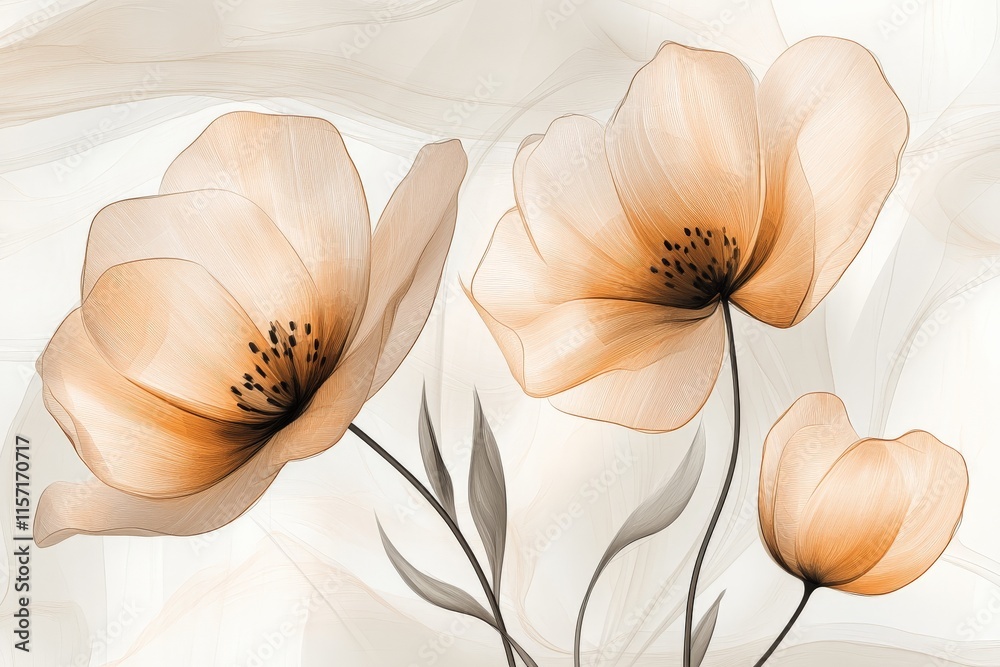 Poster three delicate orange poppies with a gentle abstract background, showcasing soft lines and a harmoni