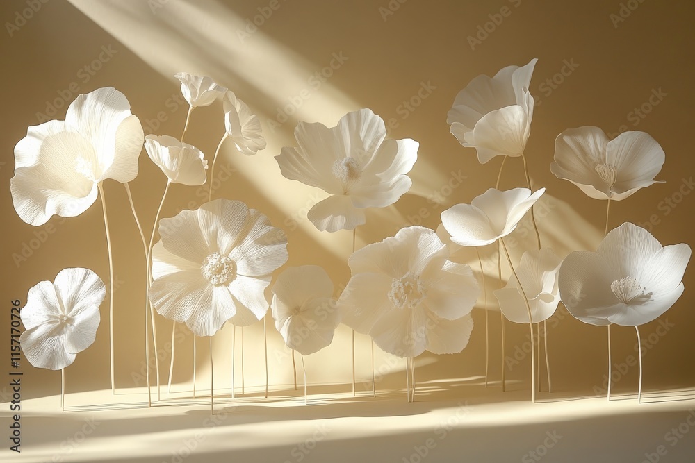 Poster white poppies under sunlight, casting elegant shadows indoors; an exquisite display of refinement wh