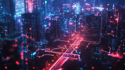 Obraz premium Smart digital Innovation city with connection network reciprocity over the cityscape. of future smart wireless digital city and social media networking systems that connects people with in city