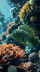 fictional fish on the seabed among the corals.