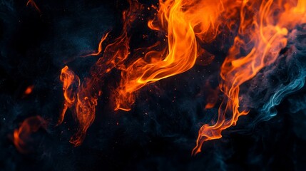 Fototapeta premium Closeup of vibrant flames against a dark background, showcasing the intensity and beauty of flames in detail, perfect for illustrating the captivating nature of flames in various contexts.