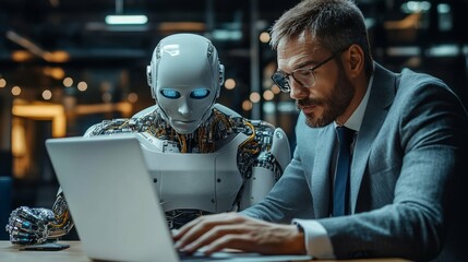 Robot and Human Collaborating on a Laptop - Futuristic Partnership