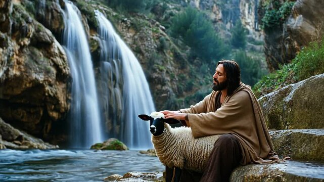 Jesus sitting with a lamb at waterfall, concept of bible phrase John 4:14 but whosoever drinketh of the water that I shall give him shall never thirst; but the water that I shall give him shall be in 
