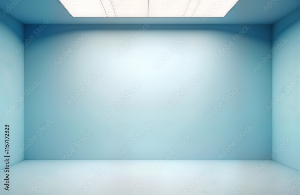 Poster empty light blue room with white floor and top light. modern studio space. ideal for product display
