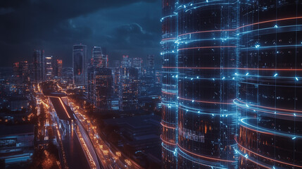 Fototapeta premium Smart digital Innovation city with connection network reciprocity over the cityscape. of future smart wireless digital city and social media networking systems that connects people with in city