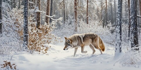 Fototapeta premium Gray wolf, Canis lupus, in a winter forest scene. This majestic wolf is exploring its natural habitat while sniffing for prey in the snowy landscape. A glimpse of the gray wolf s behavior in nature.