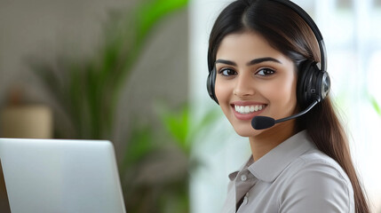 Smiling customer service representative with headset working on a laptop in a professional setting