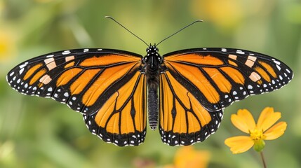 Naklejka premium Monarch butterfly with open wings, close-up.