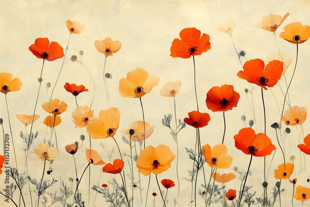Poster a stunning array of orange and yellow poppies with delicate stems rises against a serene cream backg