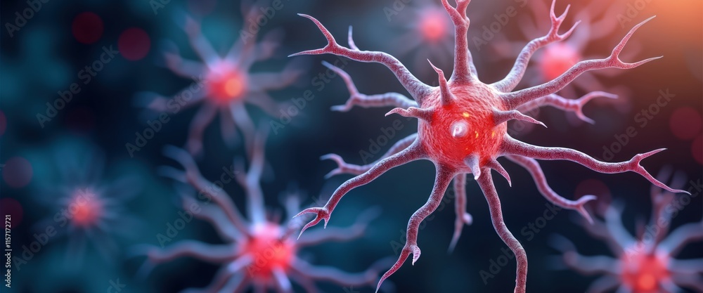 Poster 3D illustration of neuron. Reddish-pink neuron structure with extensions. Neuron processes appear complex, intricate. Focus on detailed processes of neuron. Microscopic view shows complex network.