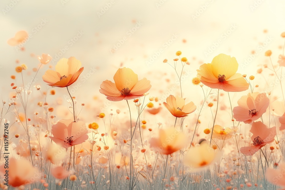 Poster a dreamy field of translucent pastel orange poppies basking in gentle sunlight, creating a heavenly 