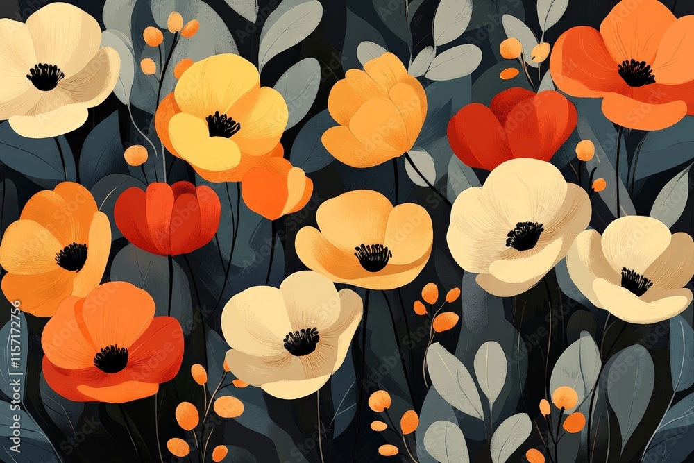 Poster an artistic display of vivid orange and yellow flowers set against a dark background, creating a str
