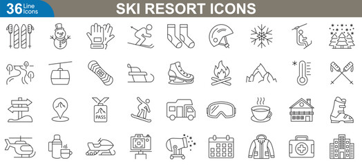Ski resort outline icons set. Snowboarding, ski lift, mountain peaks, snowflake, ski gear, winter chalet, trail map, avalanche warning and more. vector illustration