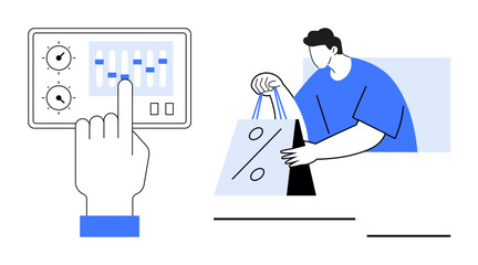 Shopper holding bags with a percentage sign and a hand adjusting settings on a control panel. Ideal for e-commerce, shopping, business, marketing, consumer behavior, sales, retail management. Line