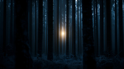 Obraz premium Winter Forest Path, Light Pierces Through Trees Silently