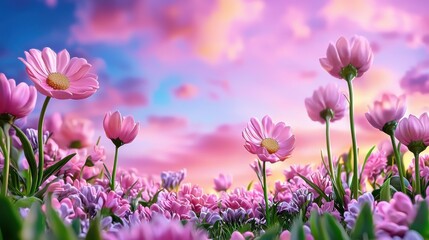 Obraz premium Vibrant Pink and Purple Flowers Blooming in a Lush Spring Meadow