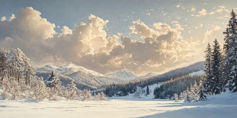 Obraz premium A mountainous scene features striking clouds and a recent layer of fresh snow, creating a stunning winter landscape characterized by its dramatic natural beauty.