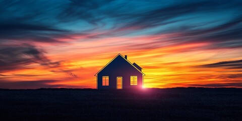 The outline of a house is beautifully set against a backdrop of a colorful sunset, creating a striking visual contrast.