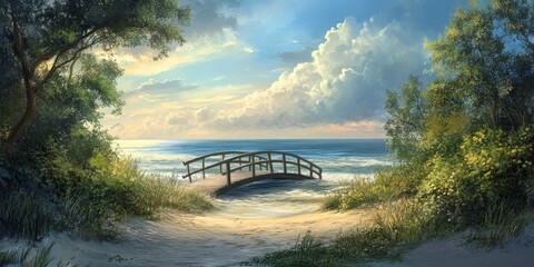 Fototapeta premium A scenic bridge connects the beach and home, creating a picturesque transition from the tranquility of the beach to the comfort of home, highlighting the beauty of nature s journey.