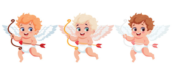 Cute funny little cupids with an arrow and wings set. Valentine's day romantic baby amur concept design. Vector charming heavenly cherub angel