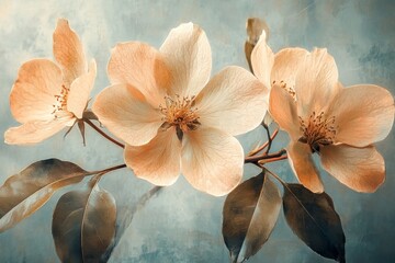 An arrangement of delicate pink and white flowers painted in soft pastel tones on a blue backdrop, evoking a sense of tranquility and natural beauty.
