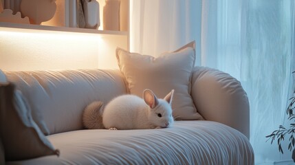 Fluffy white chinchilla resting on a beige couch in a bright, minimalist living room.