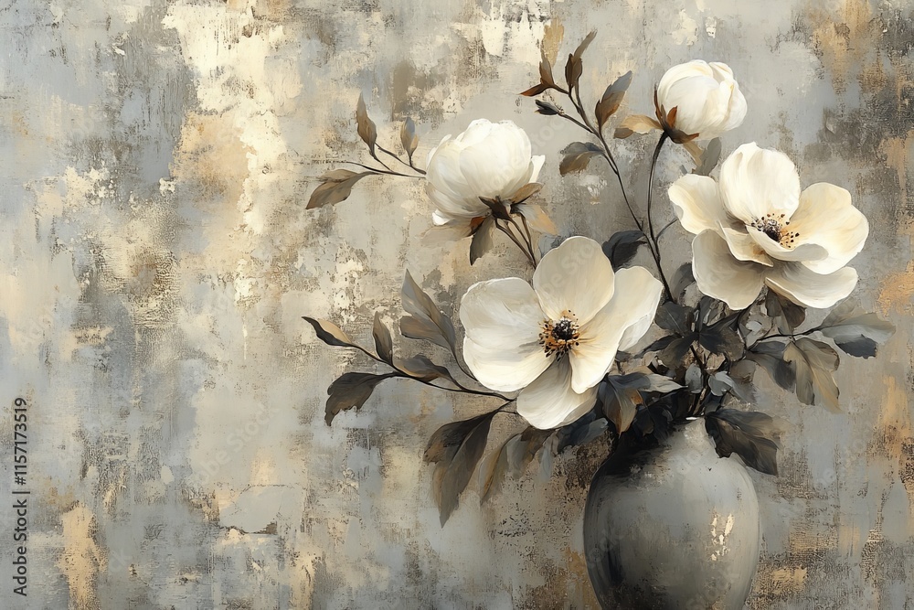 Poster a muted floral bouquet displayed in a vase, painted with soft, neutral tones on an abstract backgrou