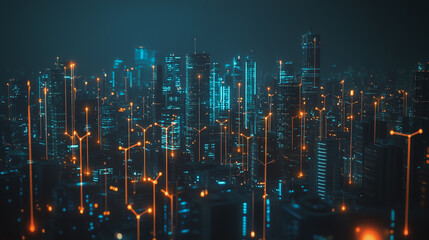 Fototapeta premium Smart digital Innovation city with connection network reciprocity over the cityscape. of future smart wireless digital city and social media networking systems that connects people with in city