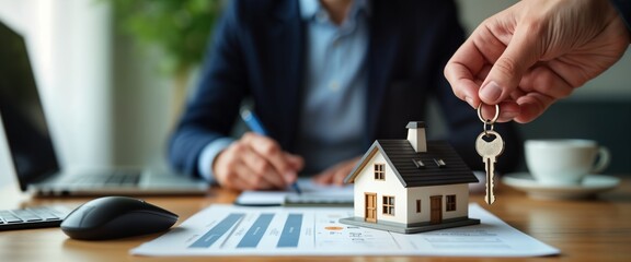 Real estate agent gives keys to new homeowner. Home loan agreement is signed. Home purchase finalized. Successful property transaction. Happy client receives home keys. Business contract finalized.