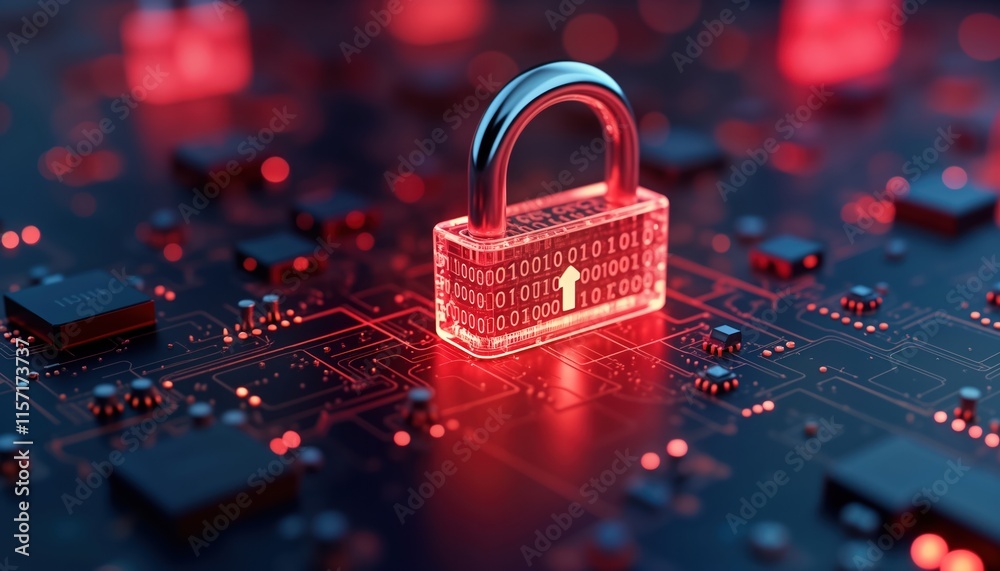 Aufkleber Digital padlock on circuit board. Binary code shows red alert. Modern tech system data protection issue. Encryption, network security concept for info tech. Cybersecurity problem, vulnerabilities,