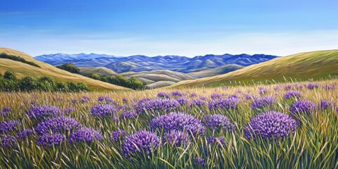 Fototapeta premium Vibrant grass and wild purple flowers enhance the beauty of the foothills, under a clear blue sky. Experience nature at its best with this stunning display of grass and wild purple flowers.