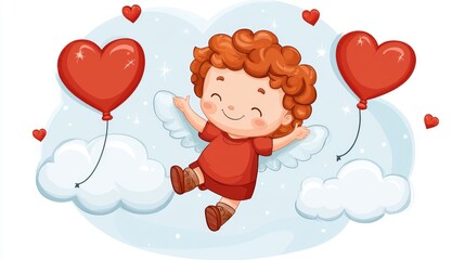 Obraz premium Joyful angelic child with heart balloons flying in the sky whimsical art cheerful atmosphere playful viewpoint