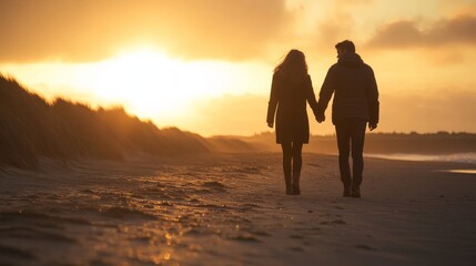 Fototapeta premium Romantic walk on a sunset beach: young caucasian couple holding hands