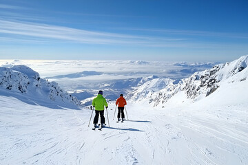 Skiing Down Snowy Mountain, Breathtaking View. Adventurous skiers descend a pristine slope, enjoying panoramic vistas of snow-covered mountains and a valley veiled in clouds.