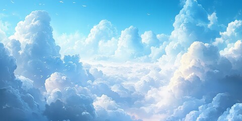 Naklejka premium Stunning sky featuring fluffy white clouds creates a serene atmosphere, highlighting the beauty of the sky filled with white clouds in a tranquil setting for nature enthusiasts and photographers.