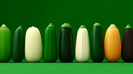 Vibrant Zucchini Lineup, Colorful Vegetables Arranged in a Row on Green Background, Representing Freshness and Variety.