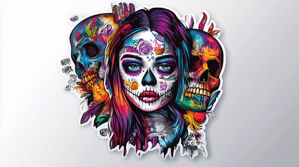 Naklejka premium Vibrant Day of the Dead inspired artwork featuring a colorful skull design and expressive artistic style