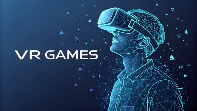 VR headset holographic low poly wireframe vector banner. Polygonal man wearing virtual reality glasses, helmet. VR games playing. Particles, on dark blue background. Neon light. 