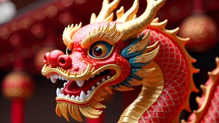 Red Chinese dragon statue with city background, dragon head close-up.